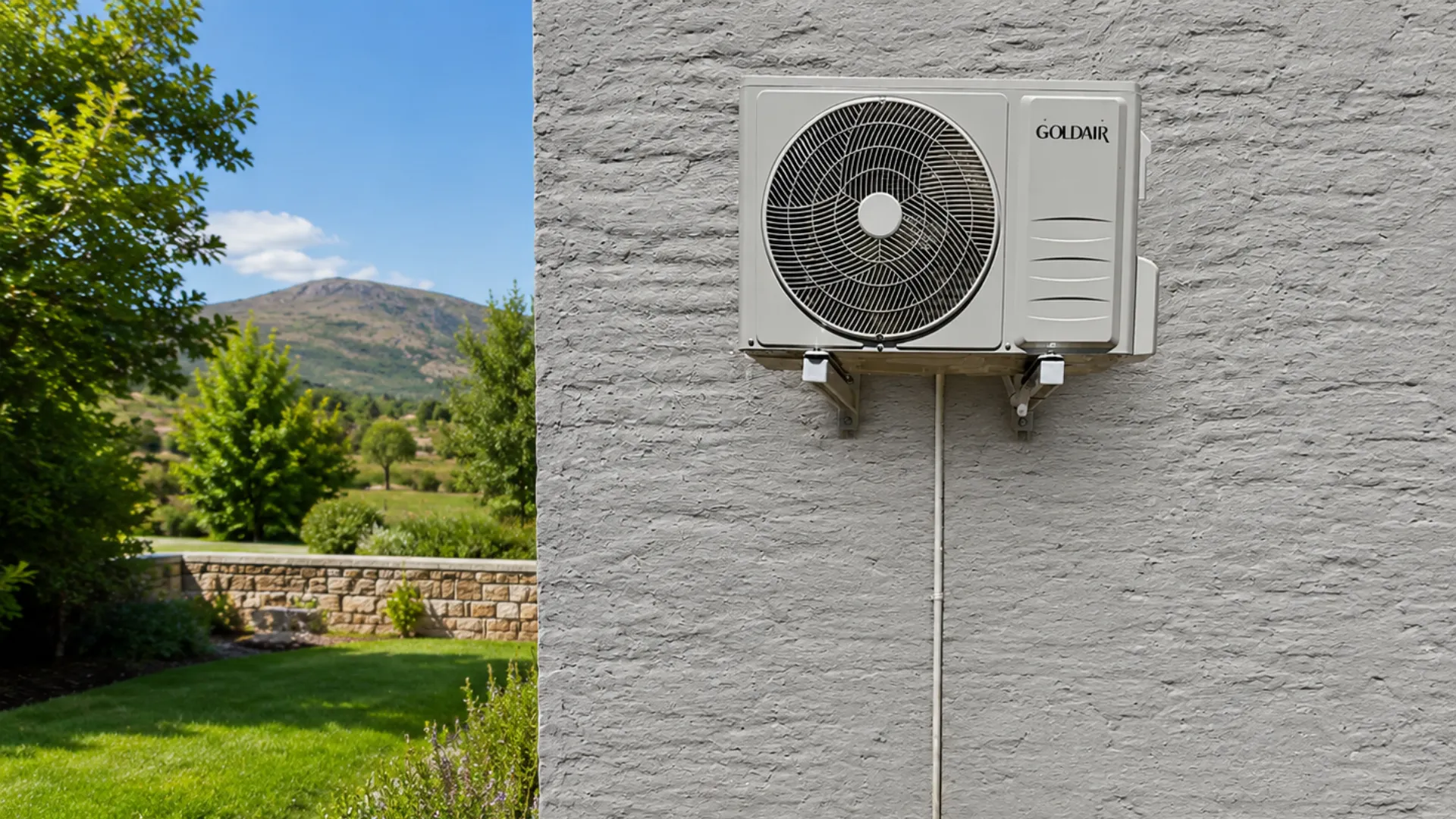 Goldair outdoor condenser mounted neatly against an exterior wall