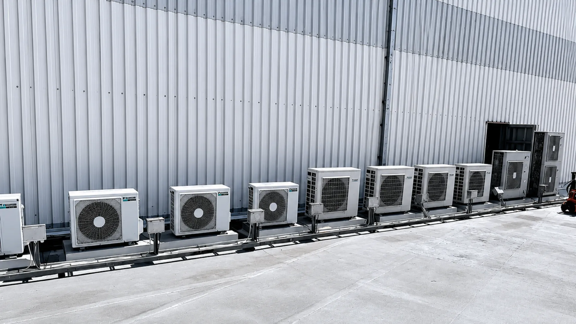 Multiple outdoor condensers lined along a commercial building wall
